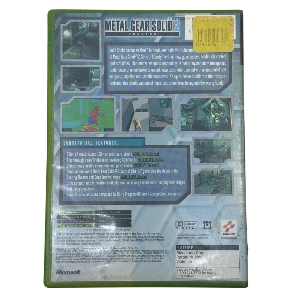 Metal Gear Solid 2 Substance Microsoft Xbox Game Konami Tactical Espionage